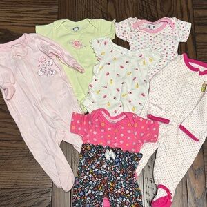 Newborn Baby Girl Lot: Two Sleepers, Four Onesies, and One Pant. Gerber, Etc